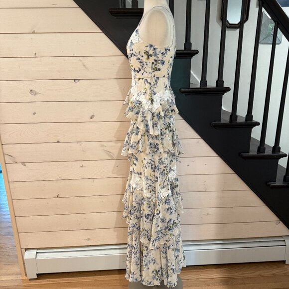 BCBG MAXAZRIA Asymmetrical Ruffle Gown in Blue Floral NWOT Size 2 - Picture 8 of 14